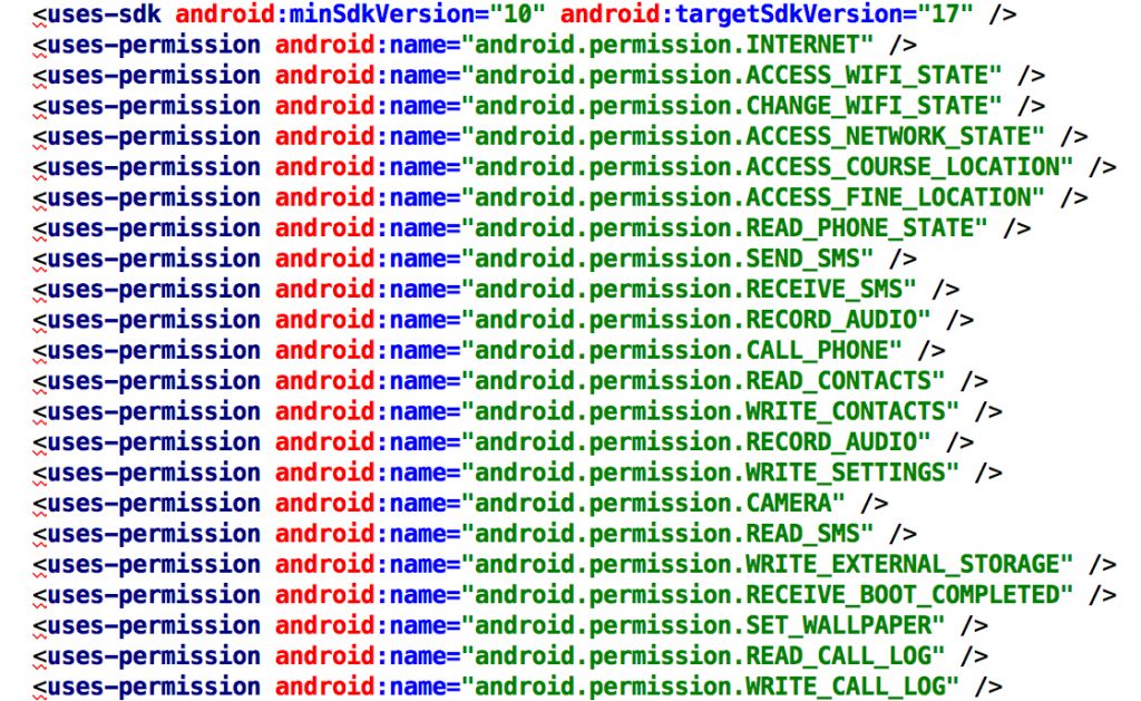 تصویر فهرست دسترسی ها این بدافزار که در صورت نصب بر روی گوشی قربانی خواهد داشت
