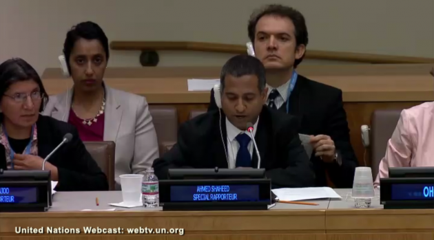 احمدشهید گزارشگر ویژه سازمان ملل در حال قرائت گزارش خود در کمیته سوم مجمع عمومی سازمان ملل